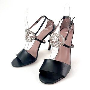 GUCCI || GG Crystal Embellished Black Leather High Heel Strappy Sandal US 8
